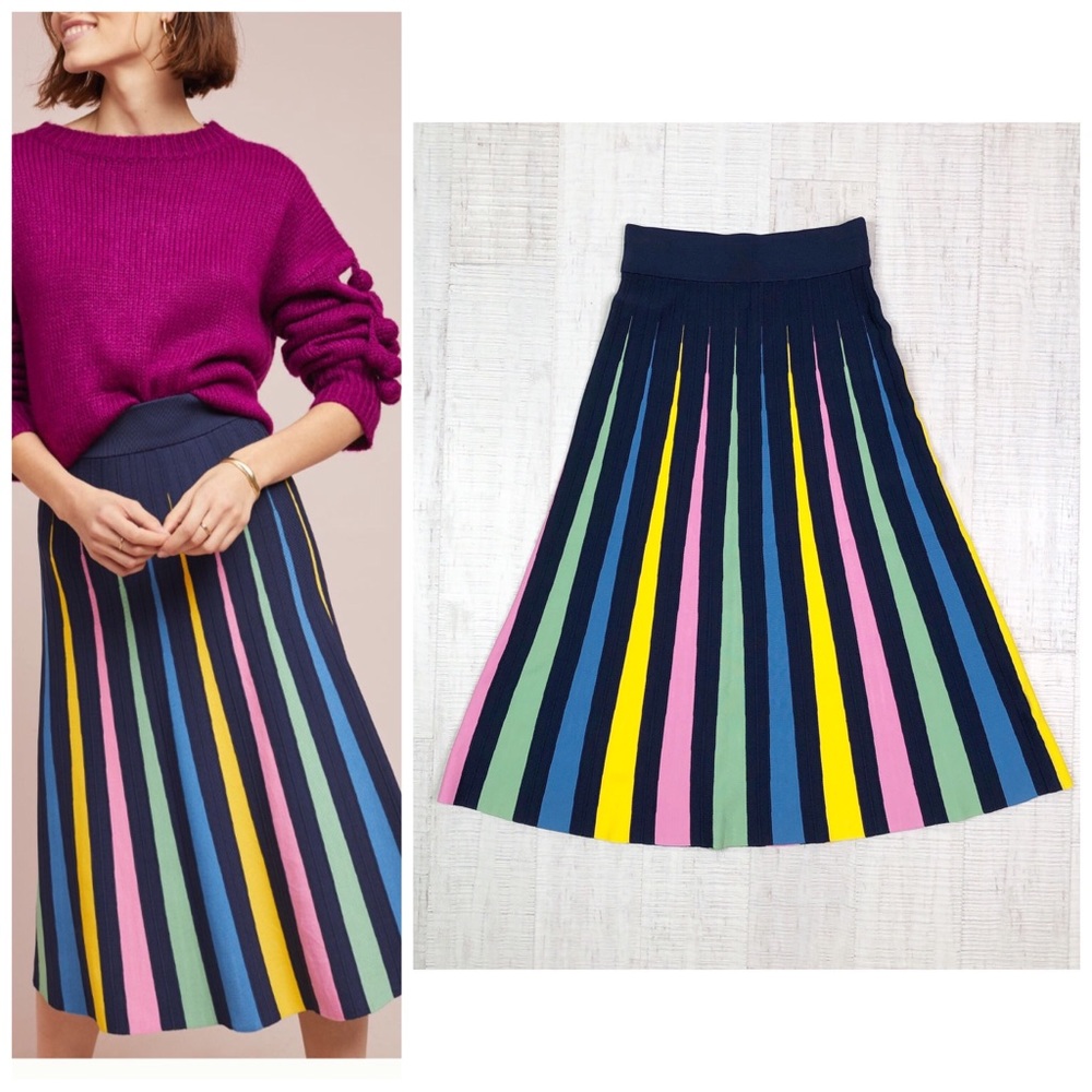 Anthropologie Navy Midi Skirt with Multicolor Vertical Stripes